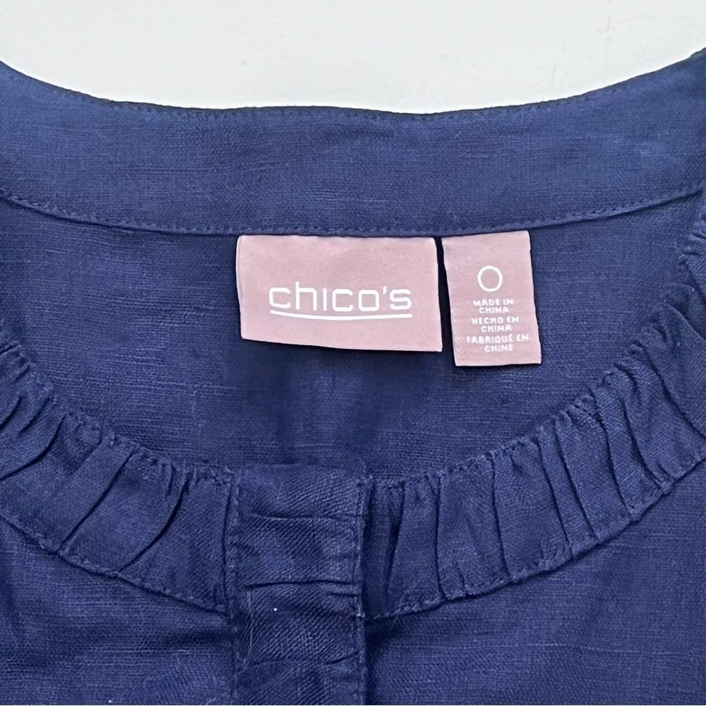 Chicos 100% Linen Ruffled Jacket Navy Blue Snap Front Feminine Natural Fiber - Picture 2 of 7